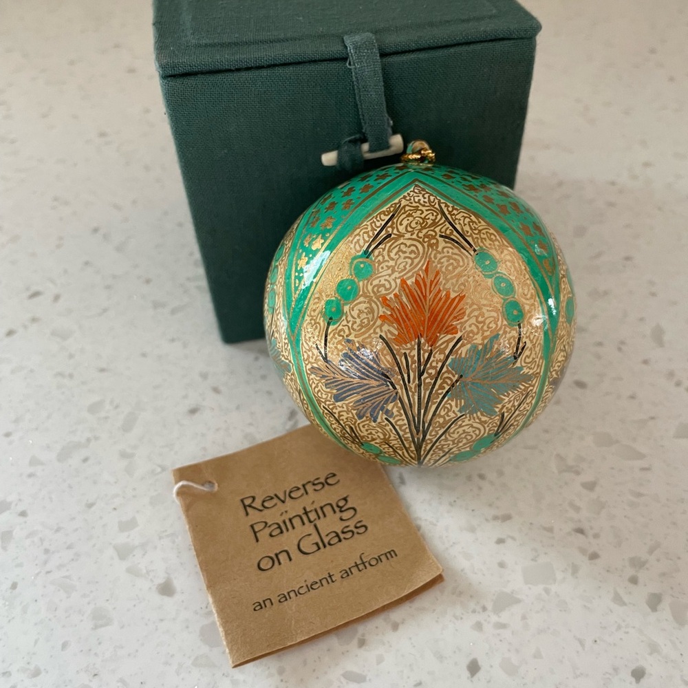 Handcrafted Gold and Green Glass Ornament with Box